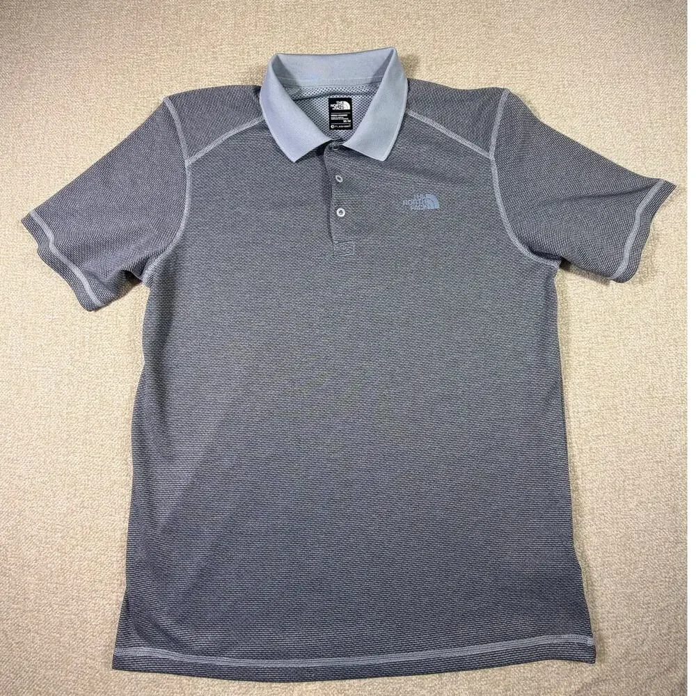North Face Men Med Blue Gray Short Sleeve 3 Snap Button Polo Shirt Casual Wear